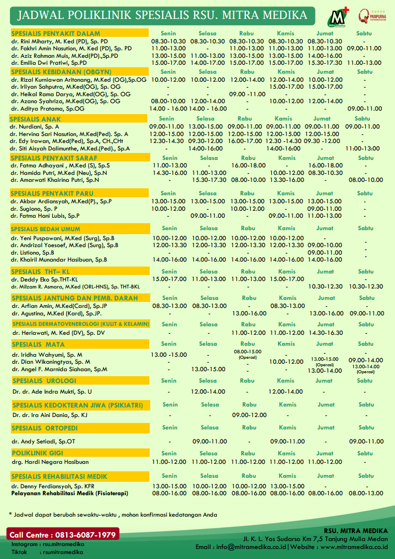Jadwal Poliklinik Dokter Spesialis Penyakit Dalam, Jantung, & Saraf